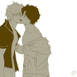 2boys blush curly_hair french_kiss gay gintama gintoki_sakata half-closed_eyes kissing looking_at_another male male_only monochrome off_shoulder open_shirt profile pubic_hair_peek sakamoto_tatsuma tongue_out trbxsymn undressing yaoi