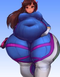 2d activision big_belly big_breasts blizzard_entertainment chubby chubby_female curvy d.va erect_nipples fat fully_clothed gun holding_belly holding_weapon kipteitei latex looking_at_viewer looking_down overwatch overweight overweight_female thick_thighs