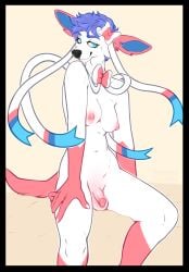 anthro artist_name black_border black_nose blue_eyes blue_hair border eeveelution eyelashes flaccid futanari generation_6_pokemon genitals gynomorph hair hi_res humanoid_genitalia humanoid_penis intersex looking_at_viewer narrowed_eyes nintendo nipples nude penis pink_body pink_nipples pink_penis pokemon pokemon_(species) pupbii short_hair simple_background sitting solo sylveon tan_background video_games white_body white_breasts