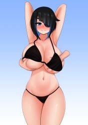 absurdres armpits arms_behind_back bikini black_bikini black_hair blue_background blue_eyes blue_hair blush breasts eyepatch female gradient gradient_background groping highres huge_breasts looking_at_viewer multicolored_hair navel original short_hair smile swimsuit the_only_shoe thighs