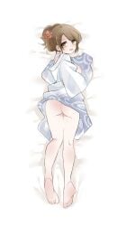 bare_ass bare_legs barefoot bottomless brown_eyes brown_hair dakimakura female female_only flower_in_hair full_body functionally_nude gintama kimono looking_at_viewer looking_back pale-skinned_female pale_skin partially_clothed ponytail rear_view shimura_tae sideboob soles solo tears tokoharuko wearing_others_clothes