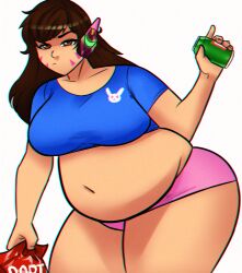 2d activision belly big_belly big_breasts blizzard_entertainment brown_eyes brown_hair chubby chubby_female crop_top d.va food hanging_belly headphones overwatch overweight overweight_female shorts