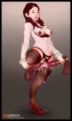 2boys asian cartoony cum cum_in_pussy cum_inside dark-skinned_male female gaiidraws high_heels medium_breasts office_lady thighhighs vaginal_penetration