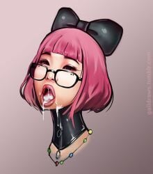 asian bangs collar cum_in_mouth female female_only gaiidraws glasses heterochromia open_mouth posture_collar short_hair