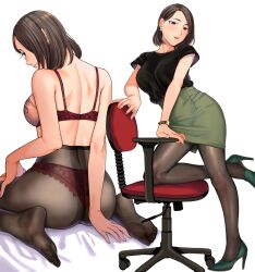 1girls 2022 :d aqua_footwear ass back black_hair black_pantyhose blue_eyes blush bra breasts chair earrings feet female female_only high_heels highres jewelry kneeling kyuuso_inukami lingerie looking_at_viewer multiple_views office_lady original panties panties_under_pantyhose pantyhose parted_lips pencil_skirt professional_clothes professor red_bra red_panties short_hair simple_background sitting skirt smile soles solo solo_female teeth underwear wariza white_background