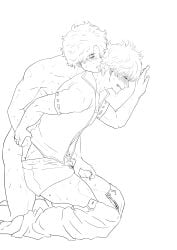 2boys blush clenched_teeth clothed_male_nude_male curly_hair ear_licking erection from_behind gay gintama gintoki_sakata hand_in_pants hand_in_underwear holding_penis implied_anal implied_sex kneeling licking line_art male male_only male_urethral_insertion monochrome nude_male pants_down penis penis_out profile sakamoto_tatsuma sounding sweat toned toned_male trbxsymn uncensored urethral urethral_fingering urethral_insertion urethral_penetration yaoi