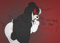 2021 anthro anus ass backsack balls black_body black_fur chunknudies danganronpa dialogue digital_media_(artwork) english_text fur genitals grin hand_on_butt looking_back male mammal monokuma nude simple_background smile solo split_color spread_anus spreading straight_hair teeth text ursid white_body