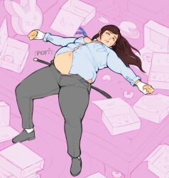 2d activision bbw big_belly big_breasts blizzard_entertainment brown_eyes brown_hair bursting_clothes button_down_shirt chubby chubby_female curvy d.va dunkin'_donuts laying_down laying_on_bed overwatch overwatch_2 overweight police_officer_d.va tight_clothing