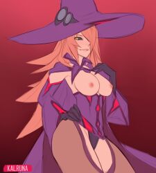 1girls 2d areolae big_breasts black_sclera blazblue breasts clothed clothing female female_focus female_only female_solo hat highres kalruna konoe_a_mercury long_hair looking_at_viewer nine_the_phantom nipples solo solo_female tagme thighs witch yellow_eyes