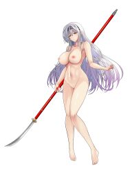 absurdres blue_hair breasts completely_nude female full_body gradient_hair headband highres kogarasu1st large_breasts long_hair multicolored_hair naginata navel nipples nude orange_eyes original polearm purple_hair pussy thighs uncensored weapon