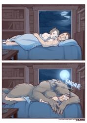 1boy 1girls after_sex bed big_hips comic female_on_top full_moon hukkavei implied_sex large_breasts larger_female male nude_female nude_male size_difference sleeping speechless surprised transformation werewolf werewolf_girl