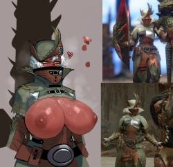 1girls areolae belt big_breasts breasts breasts_bigger_than_head breasts_out clothes covered_face erect_nipples grey_background hat heart huge_breasts krekk0v monster_hunter monster_hunter_rise nipples red_skin reference_image steamy sweat tagme white_hair