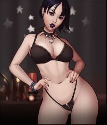 asian black_hair bra collar gaiidraws goth lipstick panties short_hair succubus susu_jpg swimsuit_succubus wide_hips