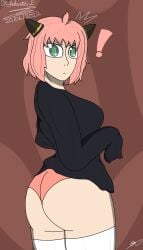 1girls aged_up anya_forger ass big_ass big_butt black_shirt bottomless breasts butt female female_only half_clothed high_socks horns human manga sebastian_enrique_art solo spy_x_family thick_thighs