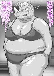 anthro belly big_belly breasts clothing comic elderly_female female grandmother grandparent gym hair hi_res japanese_text kemono lingerie locker_room looking_at_viewer mammal mature_female motion_lines old overweight overweight_anthro overweight_female rhinocerotoid sagging_breasts skinaflint solo sound_effects text thick_thighs translated white_hair wrinkles