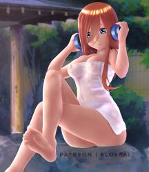 1girls bloskai blue_eyes blush brown_hair female go-toubun_no_hanayome hot_spring kosmos_beta legs nakano_miku solo towel