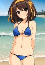 angry angry_face beach bikini blue_bikini blue_bikini_bottom blue_bikini_top brown_eyes brown_hair hands_behind_back haruhisky large_breasts slight_blush small_mouth suzumiya_haruhi suzumiya_haruhi_no_yuuutsu tsundere