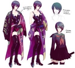 alternate_costume arms_behind_back black_legwear boots bustier character_sheet cma expressionless eye_patch female female_only full_body fully_clothed genderswap_(mtf) gintama green_eyes hadanugi_dousa hair_over_one_eye haori high_heel_boots high_heels japanese_clothes japanese_text kimono leather leather_boots leather_clothing looking_at_viewer off_shoulder one_eye_closed open_clothes open_kimono purple_hair rule_63 samurai school_uniform schoolgirl serafuku short_hair small_breasts solo takasugi_shinsuke thigh_boots thighhighs very_short_hair