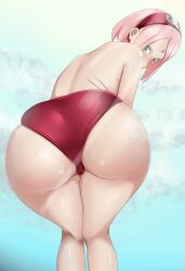 1girls ass back_view bare_back bare_legs bare_shoulders bent_knees big_ass blush boruto:_naruto_next_generations bottom_heavy danieledevane dat_ass facial_mark fat_ass female female_only forehead_mark from_behind green_eyes huge_ass legs_together looking_at_viewer looking_back looking_over_shoulder naruto naruto:_the_last naruto_(series) no_bra pink_hair presenting presenting_ass presenting_hindquarters rear_view red_panties sakura_haruno solo solo_focus topless underwear