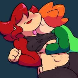 1boy 1boy1girl 1girls abs athletic_female big_breasts blushing breast_grab cassandra_(newgrounds) ear_piercing earrings erect_nipple erect_nipples_under_clothes eyeless_male female licking licking_neck male/female midriff muscular_female navel newgrounds orange_hair pico's_school pico_(newgrounds) red_hair red_lipstick straight tagme tongue yanietwirl