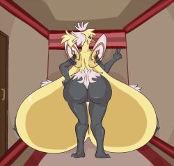 2022 anthro ass barefoot behind_view bibs_(mitch-kun) big_breasts big_butt breasts cutiefly digital_media_(artwork) feet female fleur-de-lis generation_7_pokemon genitals gesture hallway huge_breasts hyper hyper_breasts interior_background looking_at_viewer looking_back looking_back_at_viewer mitch-kun_(artist) nintendo nipples nude pokemon pokemon_(species) pokemorph pussy solo v_sign video_games wide_hips