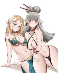 2girls almost_naked azmiyudista belly_dancer belly_dancer_outfit blonde_hair blush breath_of_the_wild brown_eyes cleavage crossover_cosplay embarassed enslaved_royal female female_only green_eyes hand_on_another's_thigh hand_on_thigh harem harem_girl harem_outfit hylian hylian_ears large_breasts loincloth looking_at_viewer looking_away mostly_nude nintendo paya_(the_legend_of_zelda) pointy_ears princess_zelda silver_hair slave slave_bikini slave_collar slave_leia_(cosplay) slave_outfit slavegirl star_wars the_legend_of_zelda thick_thighs voluptuous yuri zelda_(breath_of_the_wild) zuyuzuyu6