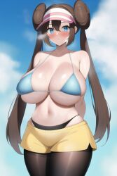 1girls ai_generated big_breasts blue_bikini_top blue_eyes blushing brown_eyes clouds double_bun female female_focus female_only huge_breasts long_hair nai_diffusion nintendo pantyhose pokemon pokemon_bw2 rosa_(pokemon) shorts solo stable_diffusion standing sun_visor thick_thighs