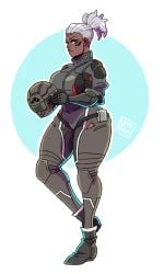 1girls 2d armor blue_eyes dark-skinned_female female female_only helmet nekitoototo overwatch overwatch_2 sojourn_(overwatch) thick_thighs thunder_thighs