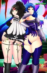 2girls asai_rionai ass ass_grab astrial'leena_mayethikaya black_hair blue_hair breasts green_eyes light-skinned_female logo looking_at_viewer looking_back nail_polish original original_characters outside purple_eyes pussy sacredcourage skirt smiling tattoo the_legendary_tauran'creima the_legendary_tauran'creima:_star_beings_of_the_universe upskirt voluptuous voluptuous_female