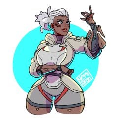 1girls 2d big_breasts blue_eyes dark-skinned_female female_only nekitoototo overwatch overwatch_2 prosthetic sojourn_(overwatch) white_hair wide_hips