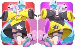 1boy 1girls balls blue_and_pink_hair blush boots censor_bar censored cyan_hair fancy_shmancy_hair_clips female femboy gym_leader hair_ornament human iono_(pokemon) kousaka_jun legwear_only light-skinned_female light_skin long_hair male multicolored_hair nintendo no_panties penis pink_eyes pink_hair pokemon pokemon_sv pussy rule_63 sharp_teeth smile standing testicles two_tone_hair