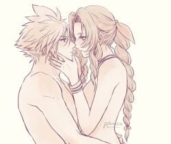 1boy 1girls aerith_gainsborough ancotsubu cloud_strife couple eye_contact female final_fantasy final_fantasy_vii final_fantasy_vii_remake hand_on_face holding_head long_hair looking_at_partner lovers male male/female nude romantic straight wholesome