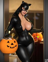 1girls 3d ass batman_(series) big_breasts black_hair bodysuit call_of_duty call_of_duty_modern_warfare_2_(2022) candy_bag catwoman_(cosplay) cleavage cosplay crossover_cosplay dc dc_comics female female_only halloween hi_res large_breasts mara_(cod) rude_frog solo thick_thighs thighs trick_or_treat wide_hips