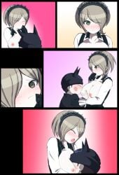 blush breasts danganronpa danganronpa_v3 dwarfism exposed_breasts flashing flashing_breasts ina_(artist) irish large_breasts no_bra open_clothes ryoma_hoshi straight_hair sucking_nipples toujou_kirumi