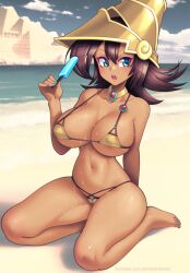 1girls beach bikini brown_hair dark-skinned_female dark_skin female green_eyes green_toenails kneeling looking_at_viewer mana_(yu-gi-oh!) micro_bikini popsicle supersatanson water water_drop watermark yu-gi-oh! yu-gi-oh!_duel_monsters