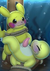 1boy ambiguous_gender animal_genitalia aquaphilia blush bondage bound charmander drowning furry imminent_death imminent_drowning male penis pikachu pokémon_(species) pokemon revous rope rope_bondage shiny_charmander shiny_pokemon ship slit sunken underwater