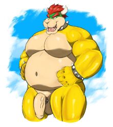 2_horns 5_fingers absurd_res accessory anthro balls belly bowser bracelet choberottie cock_ring collar fangs fingers fist flaccid genitals hair hand_on_stomach hi_res horn jewelry koopa male male_only mario_(series) moobs musclegut muscular muscular_anthro muscular_male nintendo nude open_mouth orange_eyes overweight overweight_anthro overweight_male pecs penis penis_accessory penis_jewelry pink_tongue red_hair scalie solo spiked_bracelet spiked_cock_ring spiked_collar spikes standing tan_balls tan_belly tan_penis teeth tongue vein veiny_penis video_games yellow_body yellow_skin