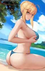 1girls artoria_pendragon azto_dio aztodio back_view big_ass big_breasts bikini_top blonde_hair bulging_breasts fate_(series) green_eyes looking_at_viewer saber tagme thong