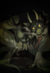 anthro black_hair breasts claws creepy_gun dripping_pussy female genitals green_body green_skin hair hi_res horn long_tongue looking_at_viewer monster nipples pussy scp-3887-b scp_foundation sharp_teeth solo teeth tongue yellow_eyes