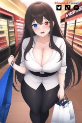 ai_generated artist_self-insert blue_eyes cleavage emzie01 funemily1 heterochromia large_breasts leggings long_hair nai_diffusion red_eyes shopping shopping_bag stable_diffusion surprised surprised_expression tagme thick_thighs watermark wide_hips