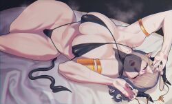 big_breasts bikini demon demon_girl demon_horns demon_tail elf elf_ears huge_breasts kugara4423 laying_down laying_on_bed looking_at_viewer pointy_ears tagme thick_thighs veil voluptuous