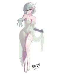 absurdres arm_up babydoll babydoll_lift bangs bare_shoulders blush bob_cut breasts chinese_commentary closed_mouth collarbone commentary_request dated english_text female full_body gaoling_gangqin gardevoir gardevoir_(cosplay) garter_belt green_hair groin hand_up highres humanization legs lifted_by_self looking_at_viewer medium_breasts navel nipples outstretched_arm pointy_ears pokemon pokemon_(species) pussy reaching_out red_eyes see-through shiny shiny_hair short_hair simple_background solo spaghetti_strap split_mouth standing thigh_gap thighhighs uncensored white_background white_thighhighs