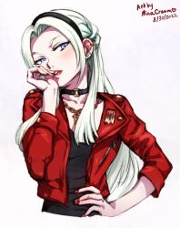 1girls alternate_costume alternate_universe alternate_version_available blue_eyes blush breasts choker collar ear_piercing edelgard_von_hresvelg female female_only fire_emblem fire_emblem:_three_houses hair_ornament hair_ribbon headband jacket lipstick long_hair long_sleeves looking_at_viewer minacream modern_au nail_polish necklace nintendo piercing purple_eyes red_lips red_lipstick red_nails ribbon short_sleeves simple_background small_breasts smile solo upper_body white_hair