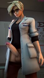 1futa 3d 3d_(artwork) alternate_costume angela_ziegler balls big_breasts big_penis blizzard_entertainment blonde_hair blue_eyes breasts clothed_futanari clothes detailed_background dr._ziegler erect_penis erection european female futa_focus futa_only futanari glasses lab_coat labcoat light-skinned_female mercy nail_polish overwatch pants_down penis petite pink_nail_polish pink_nails rush2112 sgtnewsboy slim swiss tied_hair watch