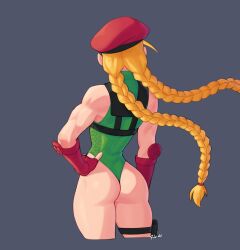 1girls armwear ass back_view blonde_hair braided_ponytail butt cammy_white capcom female female_only grey_background hand_on_hip hi_res leotard long_hair ponytails rob_ishi solo street_fighter street_fighter_ii thong_leotard