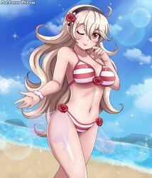 1girls alternate_costume beach bikini bikini_skirt blonde_hair breasts clouds corrin_(fire_emblem) corrin_(fire_emblem)_(female) fire_emblem fire_emblem_fates flower_head_band hairband horizon long_hair looking_at_viewer medium_breasts midriff navel nintendo ocean outside patdarux red_bikini red_eyes red_swimsuit rose sky source_request striped_bikini striped_swimsuit swimsuit water white_bikini white_swimsuit wink winking_at_viewer wrist_scrunchie