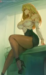 1girls bare_shoulders blonde_hair blouse blue_eyes braid breasts cutesexyrobutts hartman_hips high_heels hips hourglass_figure large_breasts long_hair nipple_bulge nipples_visible_through_clothing no_bra oc office office_desk office_lady original original_character pantyhose paper paper_stack paperwork pencil_skirt secretary sitting_on_desk skirt slim_waist solo thick_thighs thighs thunder_thighs thunderthighs white_blouse wide_hips window