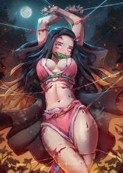 1girls bit_gag black_hair blood breasts demon_slayer full_moon gag gagged jammeryx kamado_nezuko kimetsu_no_yaiba kimono long_hair looking_at_viewer medium_breasts midriff moon navel night outside pink_eyes pink_kimono restrained torn_clothing torn_kimono