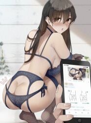 ass bra fishnet_stockings garter_belt garter_straps lace-trimmed_bra lingerie looking_at_viewer phone r_kitada side-tie_panties squatting stockings tagme underwear