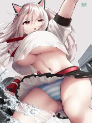 1girls animal_ears areolae azur_lane black_skirt breasts cameltoe dog_ears female gloves grey_hair hair_between_eyes half-closed_eyes large_breasts light-skinned_female light_skin navel nipple_slip nipples no_bra oekakizuki open_mouth panties red_eyes serafuku simple_background skirt_lift solo striped_panties tattoo thick_thighs thighs underboob underwear uniform viewed_from_below water white_shirt yuudachi_(azur_lane)